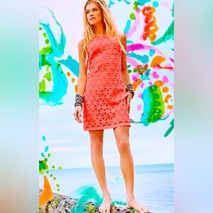 Lilly Pulitzer XS NWT Dress Bright Coral Pink Sun Ray Daisy Laser Cut Shift